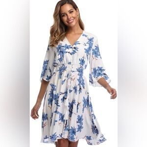 Floral Boho Button Up Floral Print Summer Flowy Split Beach Dress slip